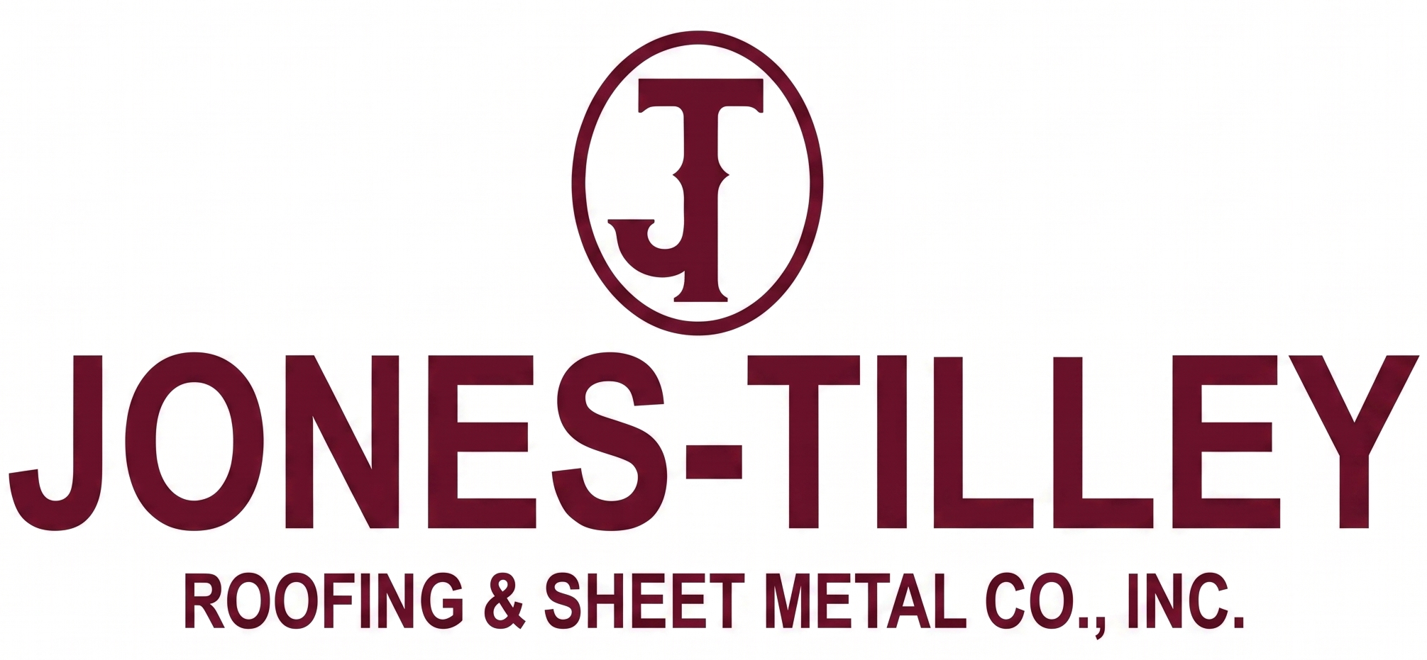 Logo for Jones-Tilley Roofing & Sheet Metal Co., Inc. featuring a maroon JT monogram in a circle above the company name in bold maroon letters on a white background.