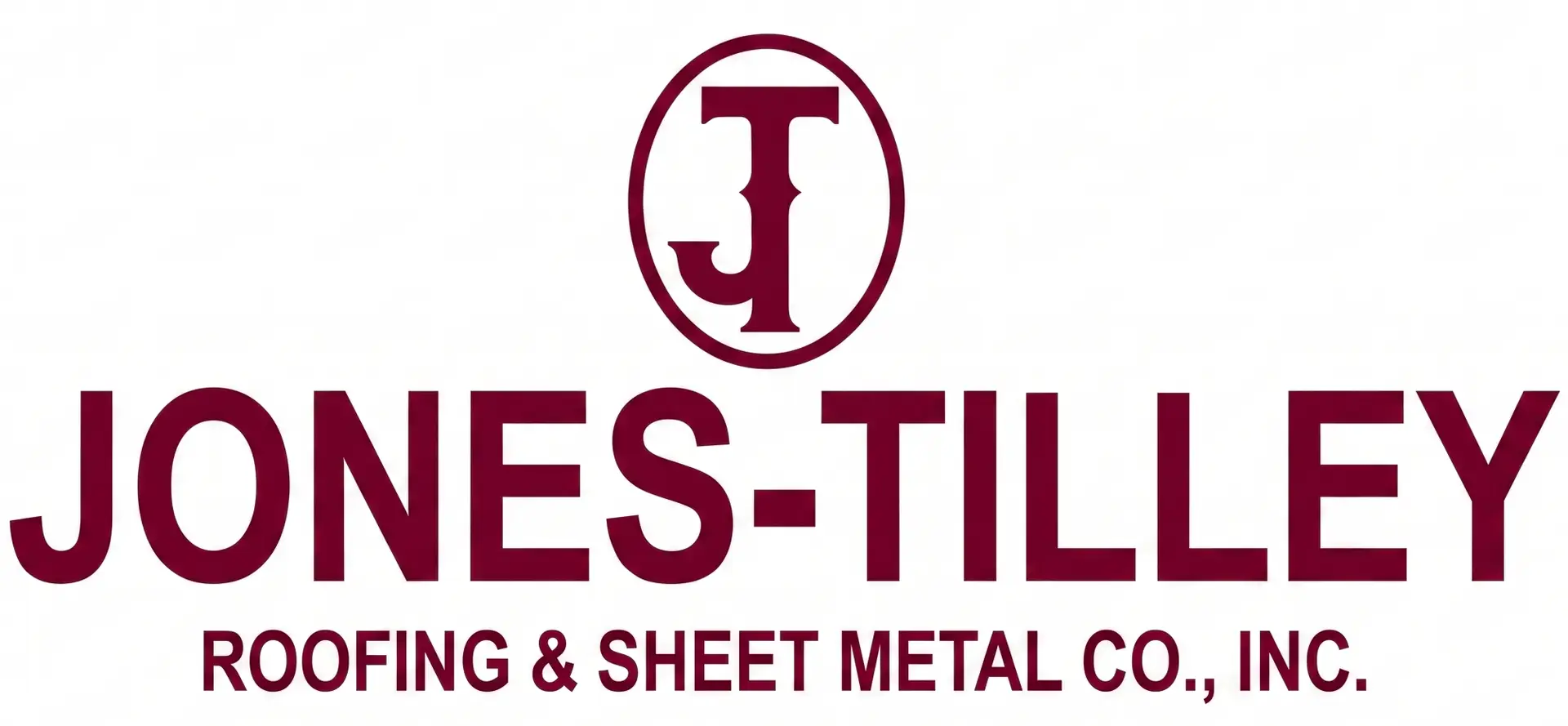Logo for Jones-Tilley Roofing & Sheet Metal Co., Inc. featuring a maroon JT monogram in a circle above the company name in bold maroon letters on a white background.
